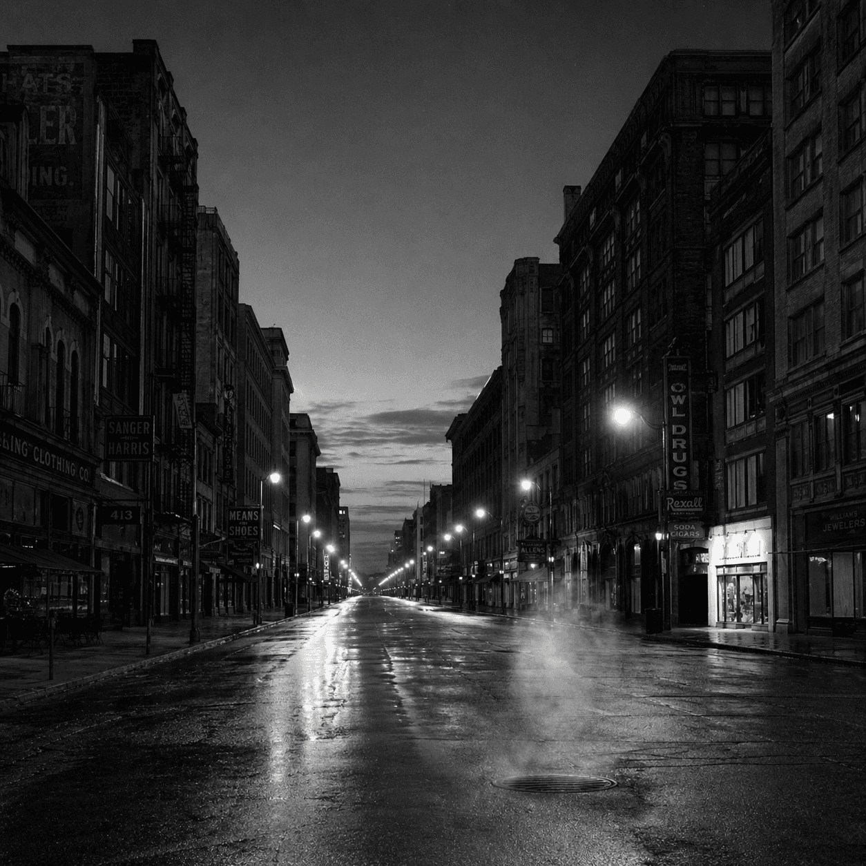 Empty downtown Dallas street at pre-dawn.